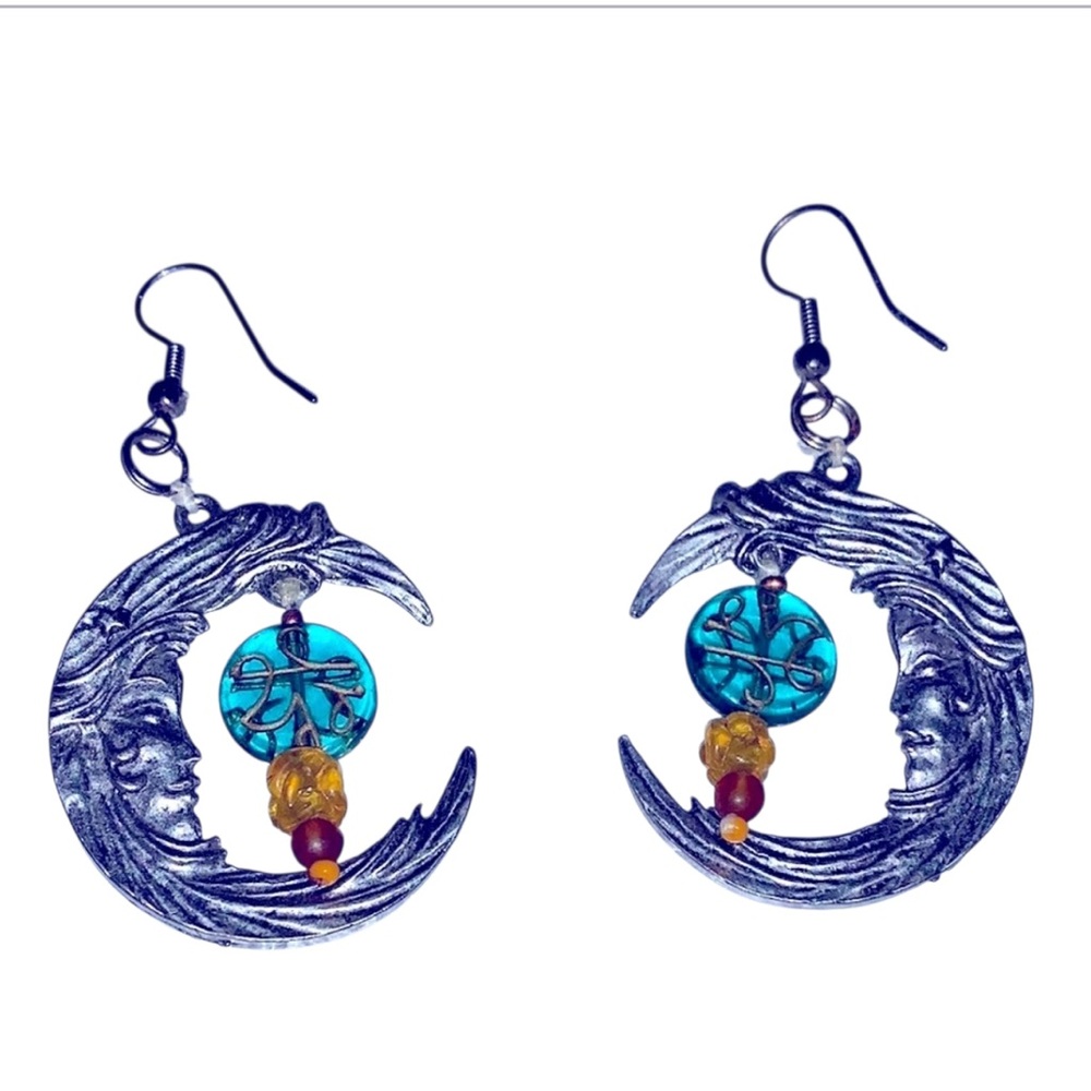 Silver Moon Face Earrings with beaded Accents